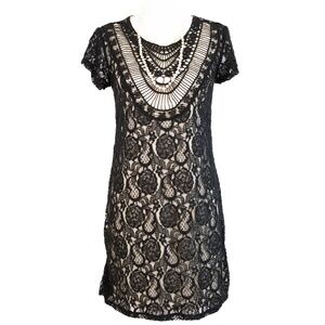Xhilaration Retro Flapper Style Black Lace Overlay Mini Dress, Art Deco Neckline